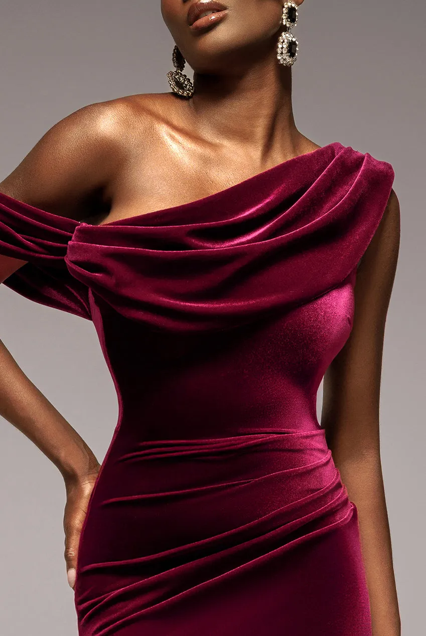 Cowl One Shoulder Velvet Maxi Dress - Burgundy Red by Goddiva sold by Goddiva product image thumbnail 3