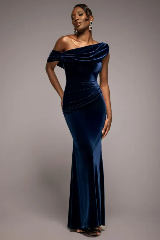 Cowl One Shoulder Velvet Maxi Dress - Navy Blue by Goddiva sold by Goddiva