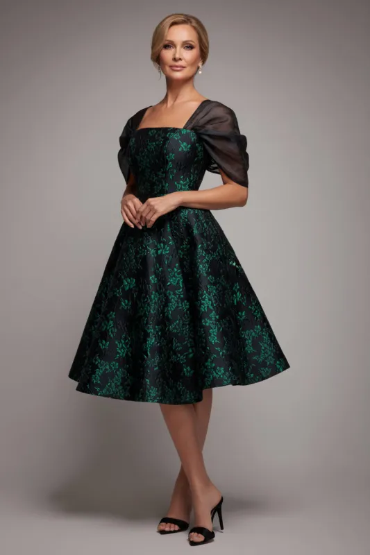 Lace Up Jacquard Midi Dress With Organza Wings - Emerald Black by Goddiva sold by Goddiva