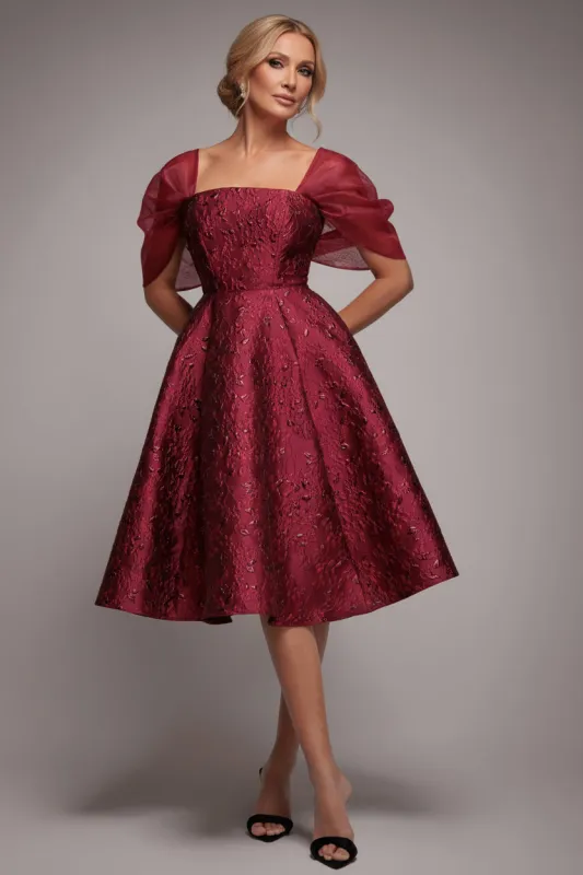 Lace Up Jacquard Midi Dress With Organza Wings - Burgundy Red by Goddiva sold by Goddiva