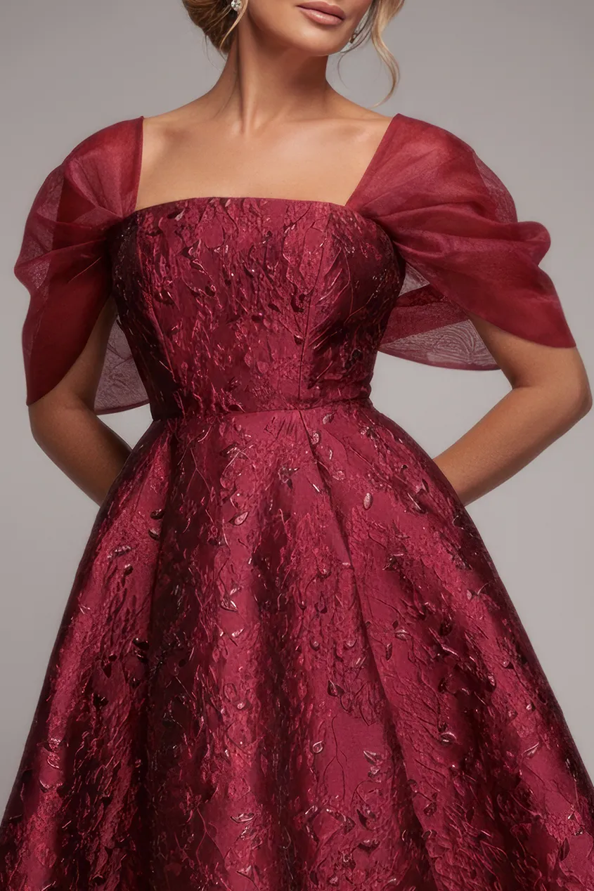 Lace Up Jacquard Midi Dress With Organza Wings - Burgundy Red by Goddiva sold by Goddiva product image thumbnail 3
