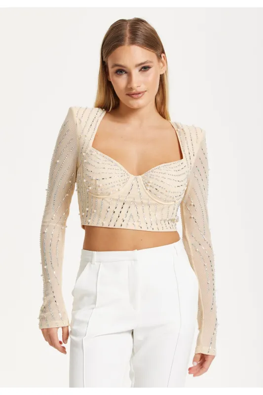 Embellished Nude Long Sleeve Crop Top by Liquorish sold by Goddiva