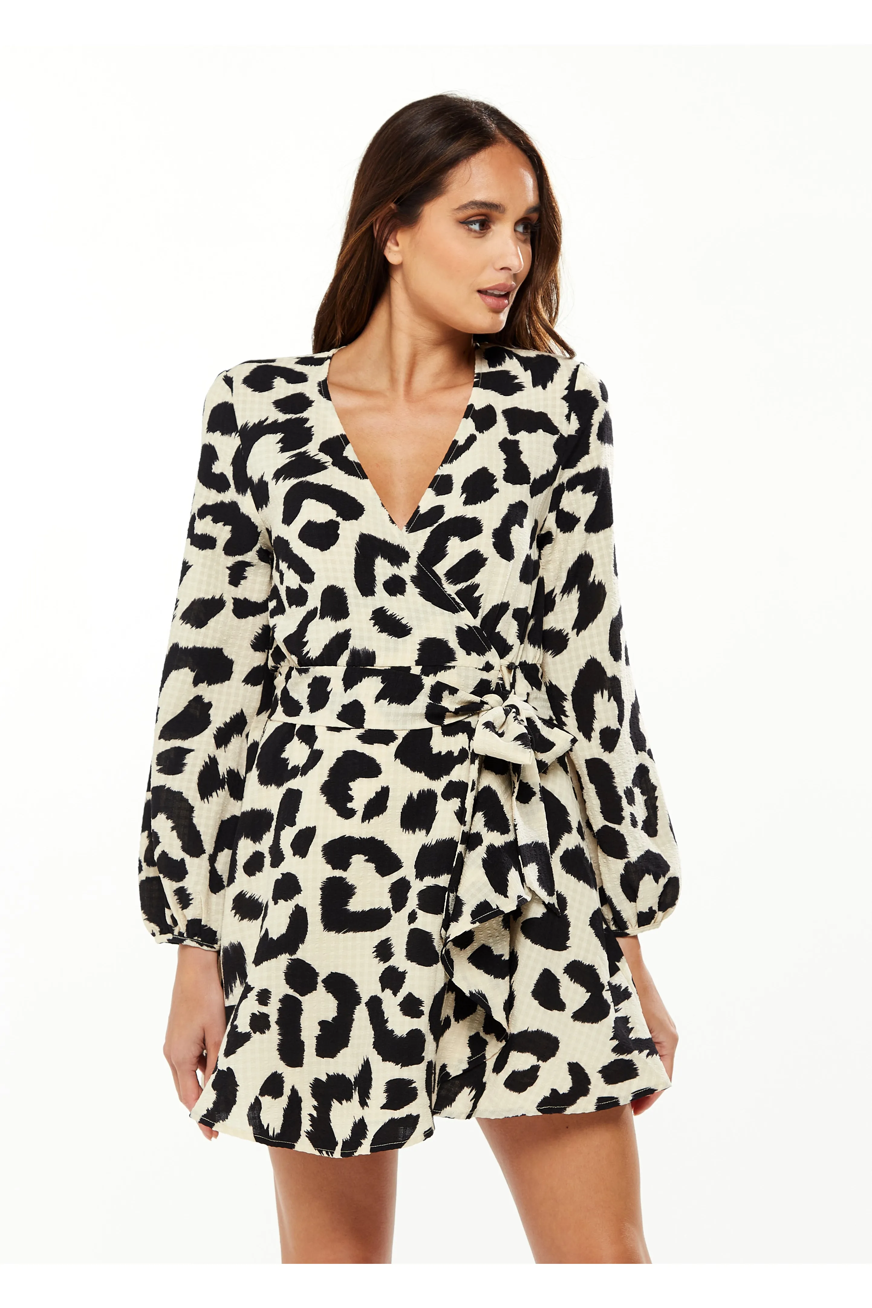 Animal Print Mini Wrap Dress With Long Sleeves by Liquorish sold by Goddiva product image thumbnail 2