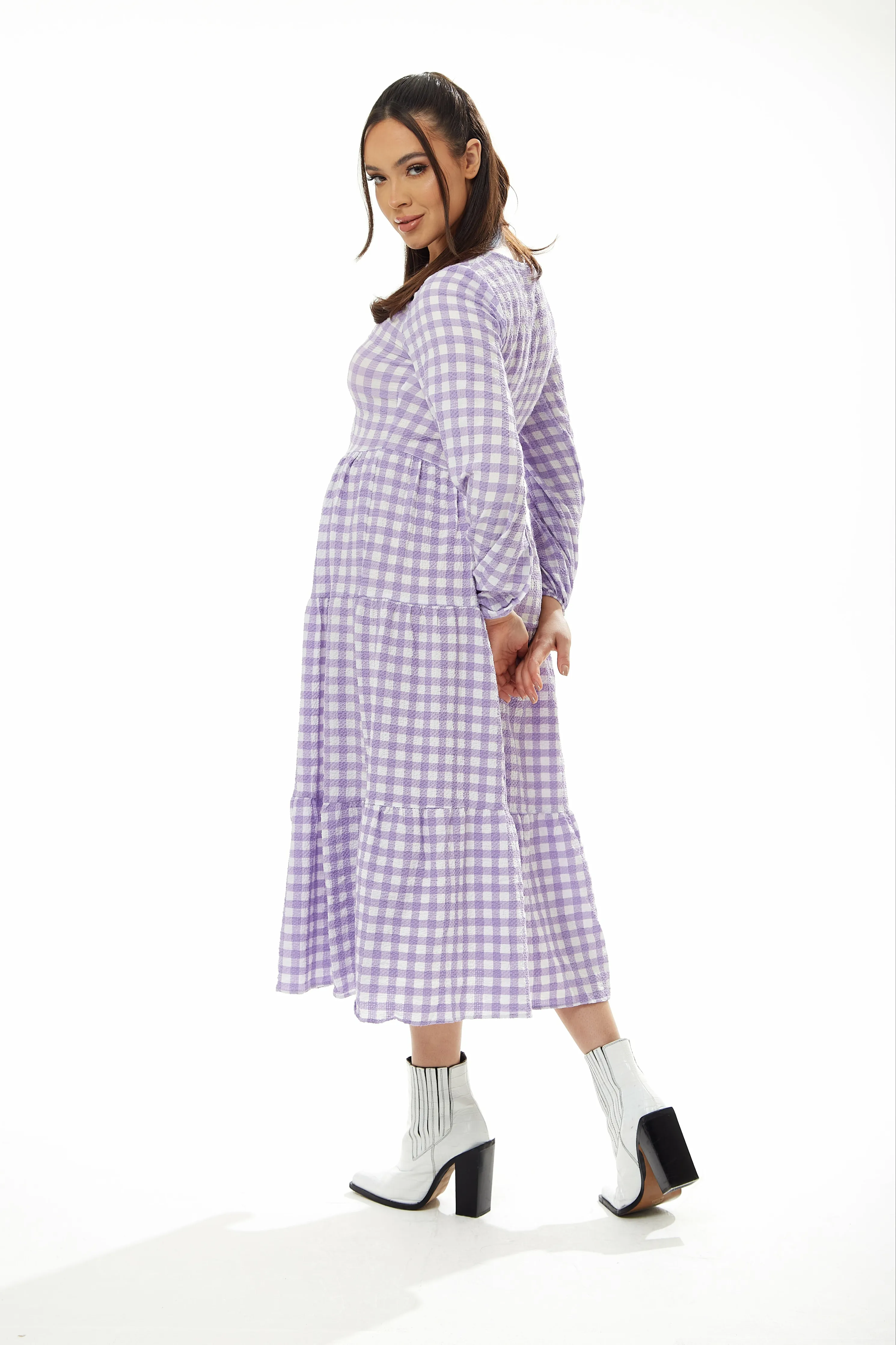 Long Sleeves Gingham Midi Dress - Lilac White by Liquorish sold by Goddiva product image thumbnail 3