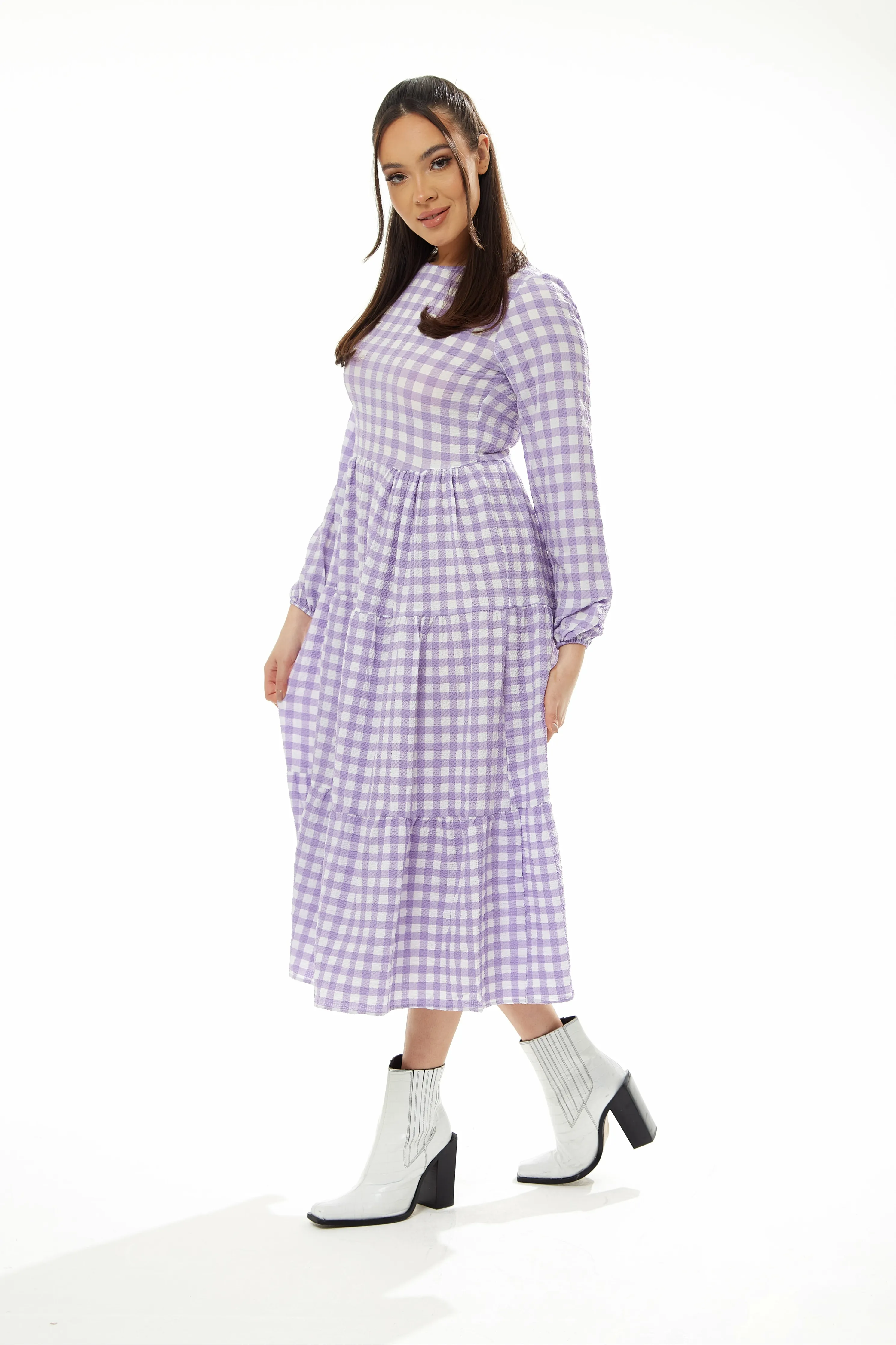 Long Sleeves Gingham Midi Dress - Lilac White by Liquorish sold by Goddiva product image thumbnail 2
