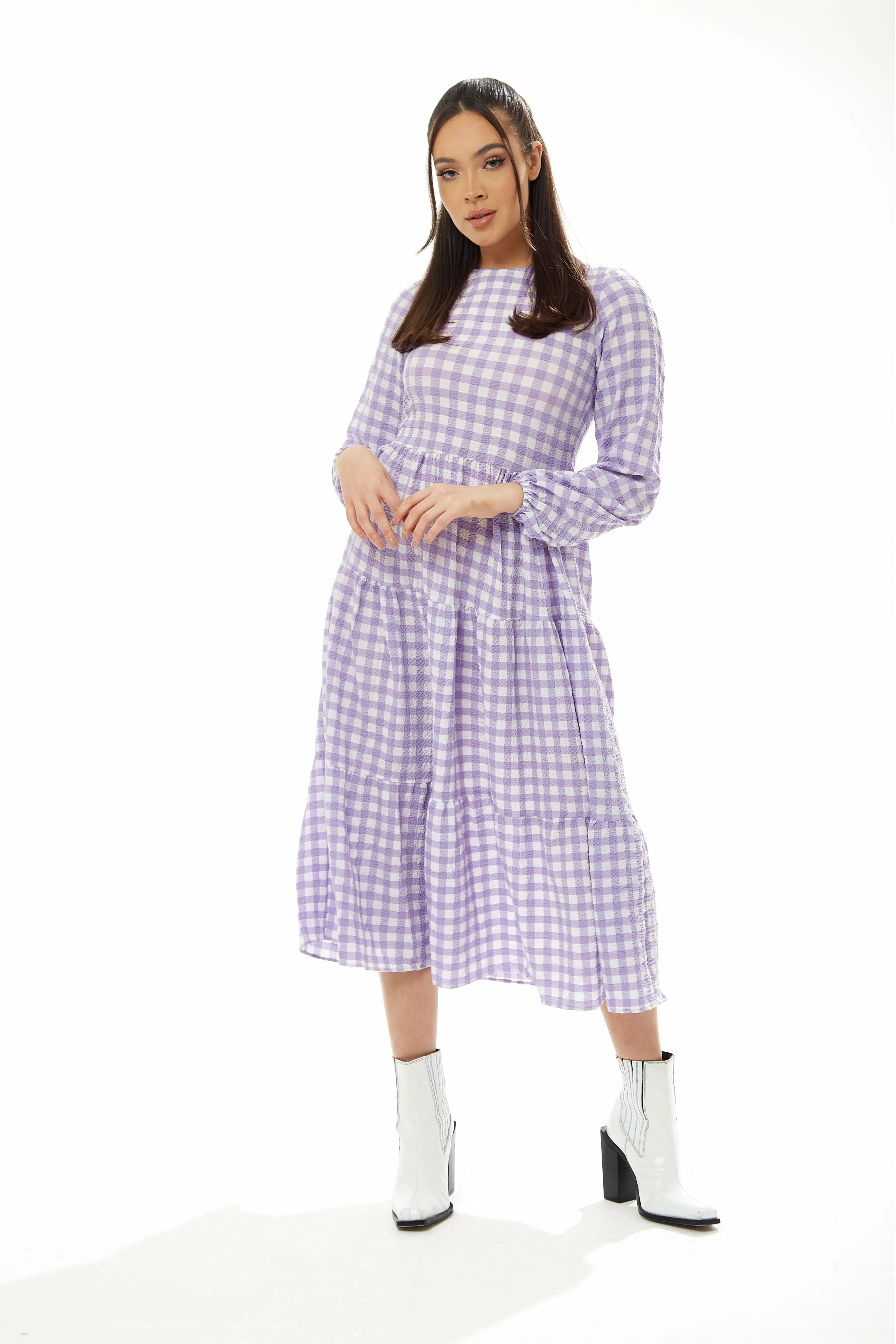 Long Sleeves Gingham Midi Dress - Lilac White by Liquorish sold by Goddiva
