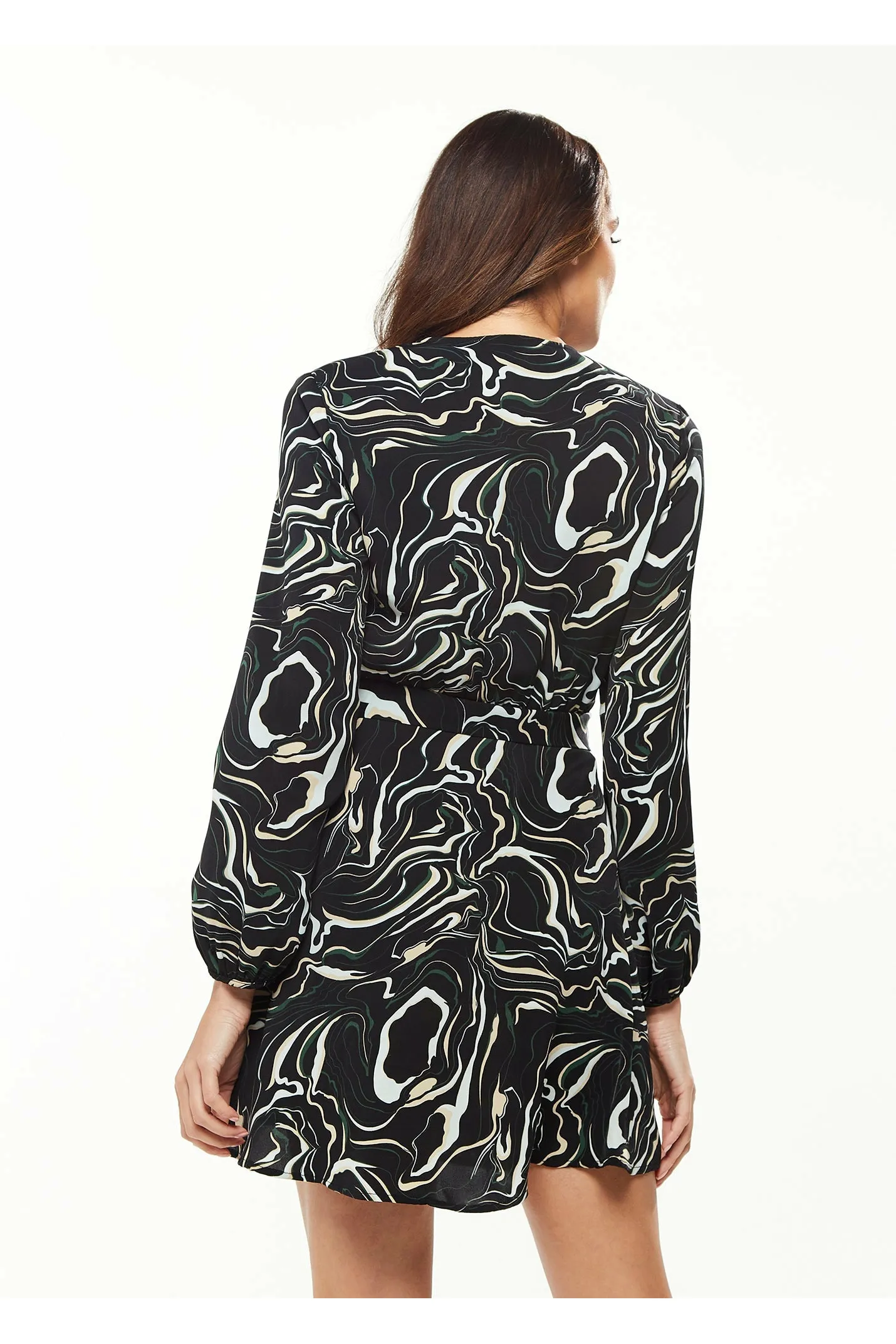 Scribble Print Mini Wrap Dress Long Sleeves Black by Liquorish sold by Goddiva product image thumbnail 4