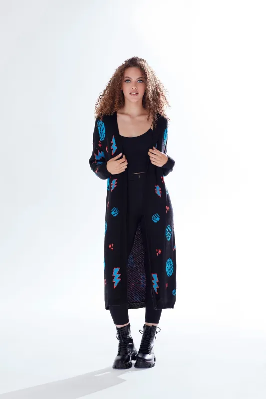 Cosmic Pattern Open Front Cardigan In Black by Liquorish sold by Goddiva