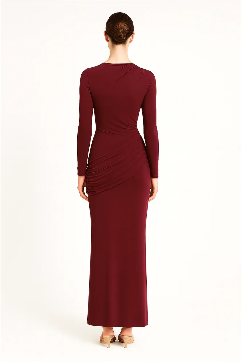 Wine Side Ruching Bodycon Full-Sleeve Jersey Evening Gown by Avinci sold by Goddiva product image thumbnail 3