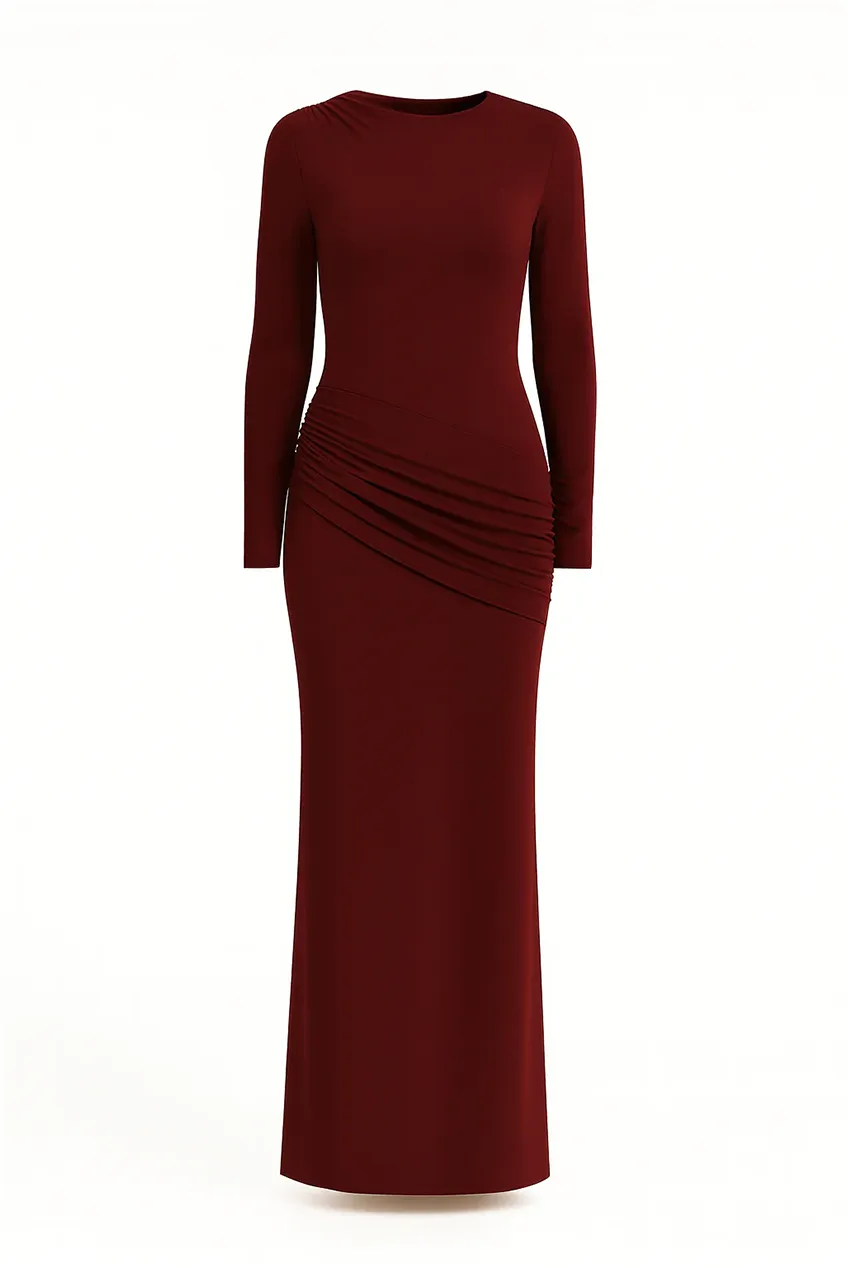 Wine Side Ruching Bodycon Full-Sleeve Jersey Evening Gown by Avinci sold by Goddiva product image thumbnail 4
