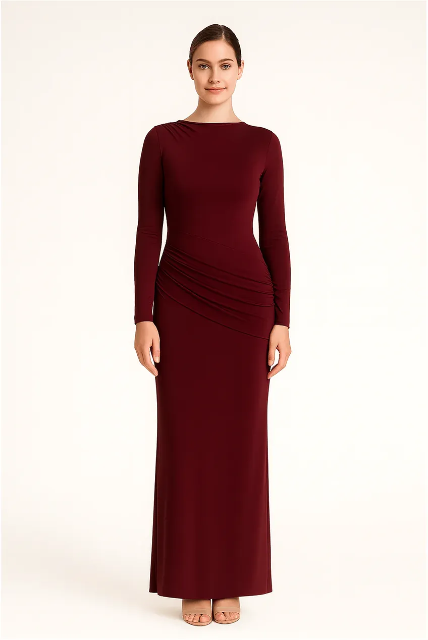 Wine Side Ruching Bodycon Full-Sleeve Jersey Evening Gown by Avinci sold by Goddiva
