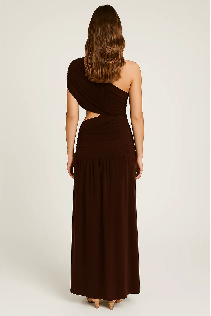 Brown One Shoulder Draping Detailed Side Cut Out Maxi Dress by Avinci sold by Goddiva product image thumbnail 3