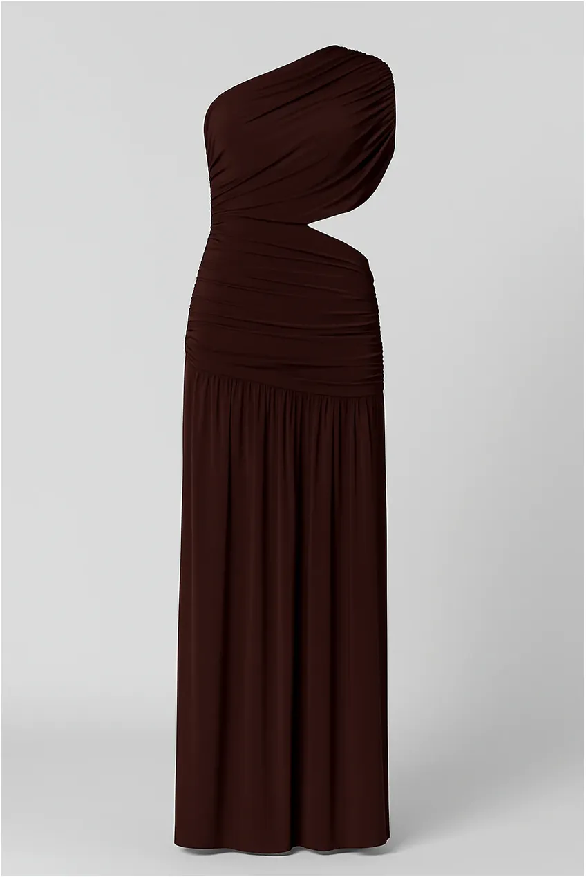 Brown One Shoulder Draping Detailed Side Cut Out Maxi Dress by Avinci sold by Goddiva product image thumbnail 4
