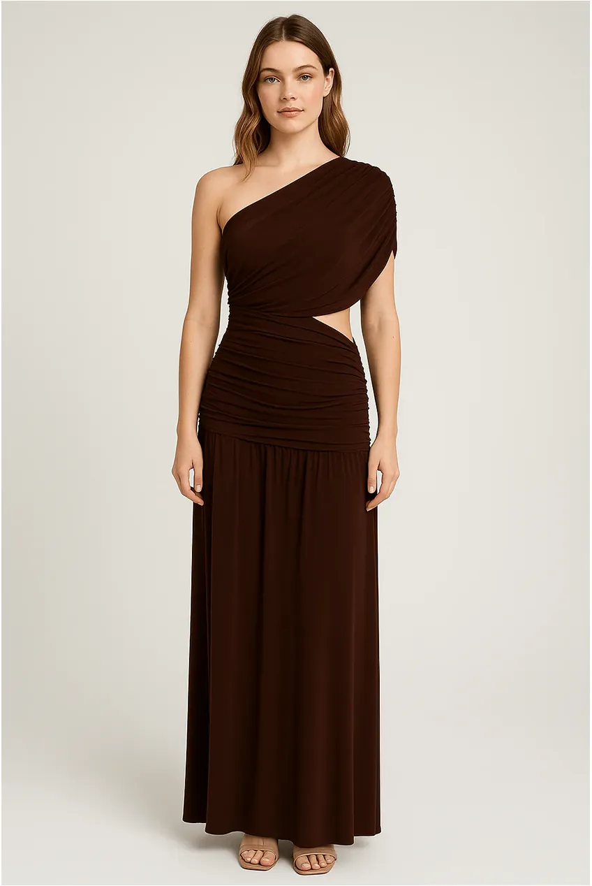 Brown One Shoulder Draping Detailed Side Cut Out Maxi Dress by Avinci sold by Goddiva