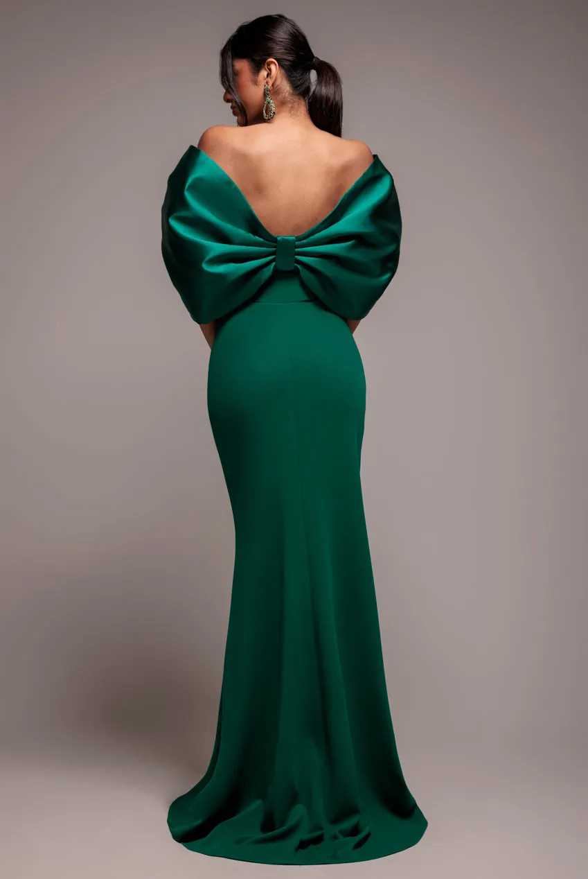 Off Shoulder Back Satin Bow Scuba Maxi Dress - Emerald Green by Goddiva sold by Goddiva product image thumbnail 3