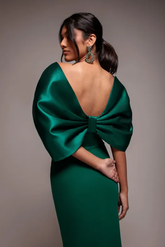 Off Shoulder Back Satin Bow Scuba Maxi Dress - Emerald Green by Goddiva sold by Goddiva