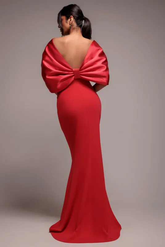 Off Shoulder Back Satin Bow Scuba Maxi Dress - Red by Goddiva sold by Goddiva