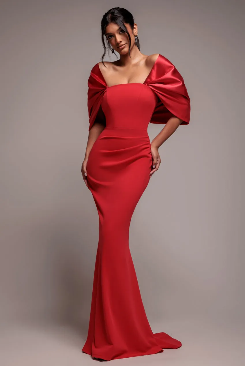 Off Shoulder Back Satin Bow Scuba Maxi Dress - Red by Goddiva sold by Goddiva product image thumbnail 2