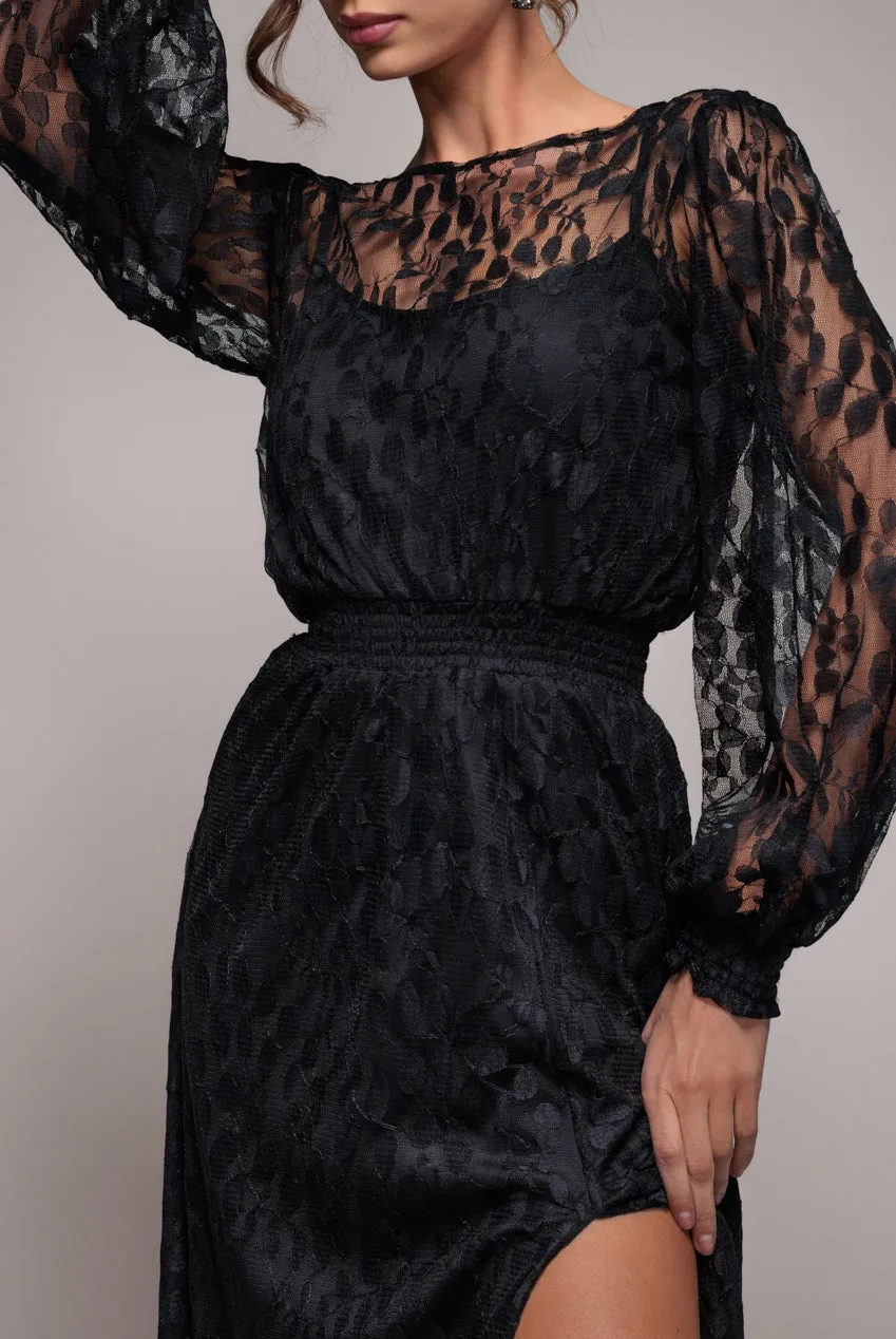 Lace Long Sleeve Shirred Waist Maxi Dress - Black by Goddiva sold by Goddiva product image thumbnail 4