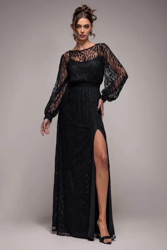 Lace Long Sleeve Shirred Waist Maxi Dress - Black by Goddiva sold by Goddiva