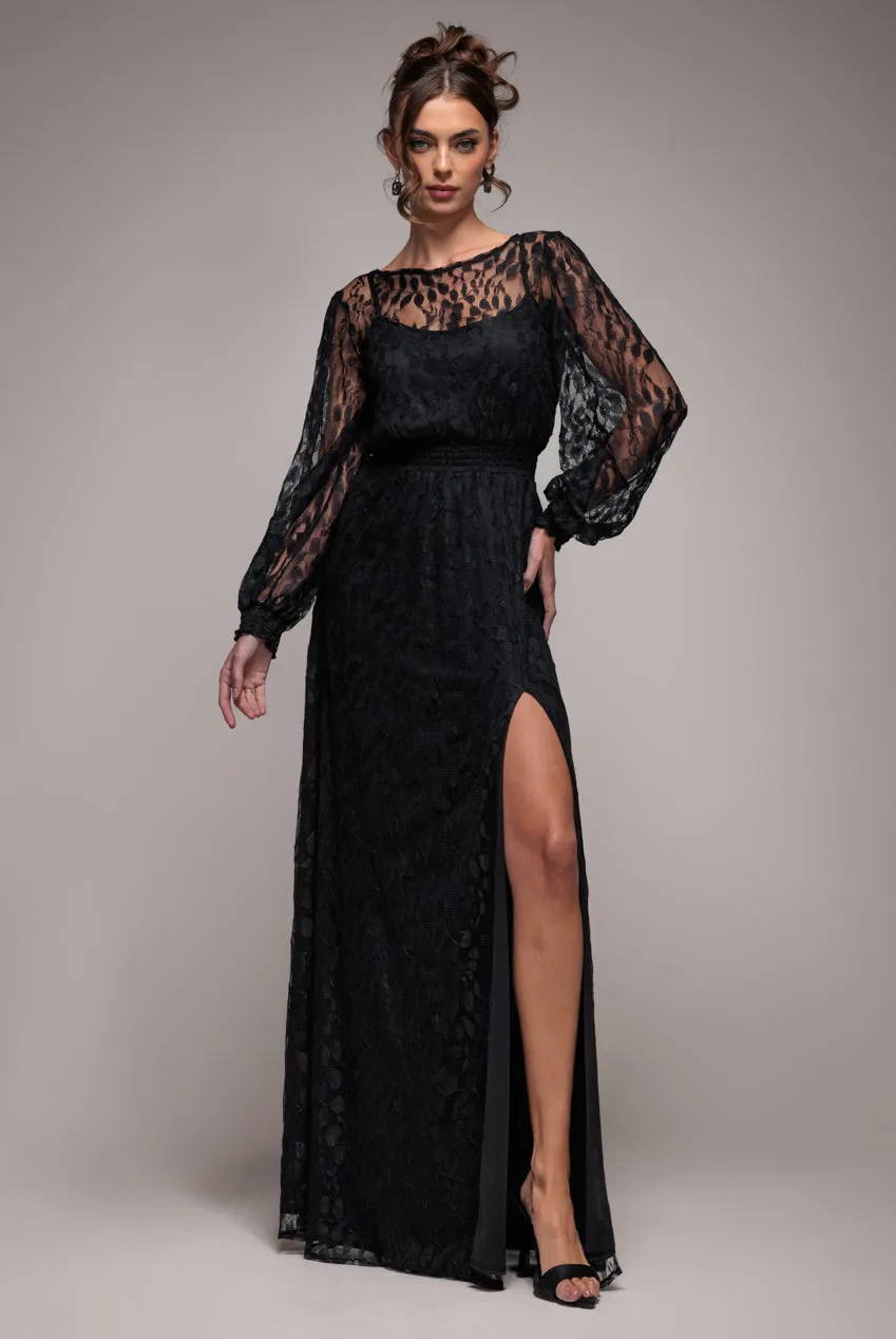Lace Long Sleeve Shirred Waist Maxi Dress - Black by Goddiva sold by Goddiva