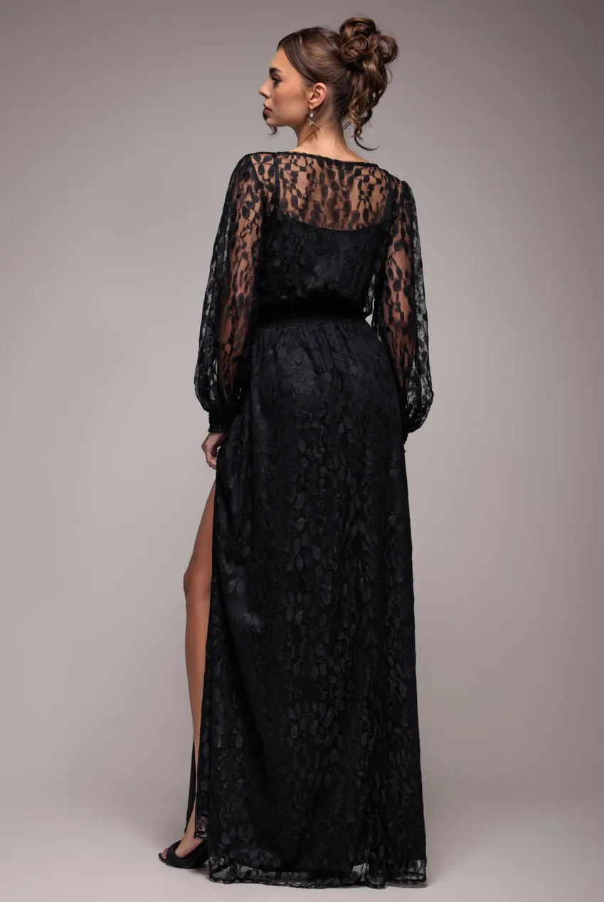 Lace Long Sleeve Shirred Waist Maxi Dress - Black by Goddiva sold by Goddiva product image thumbnail 2