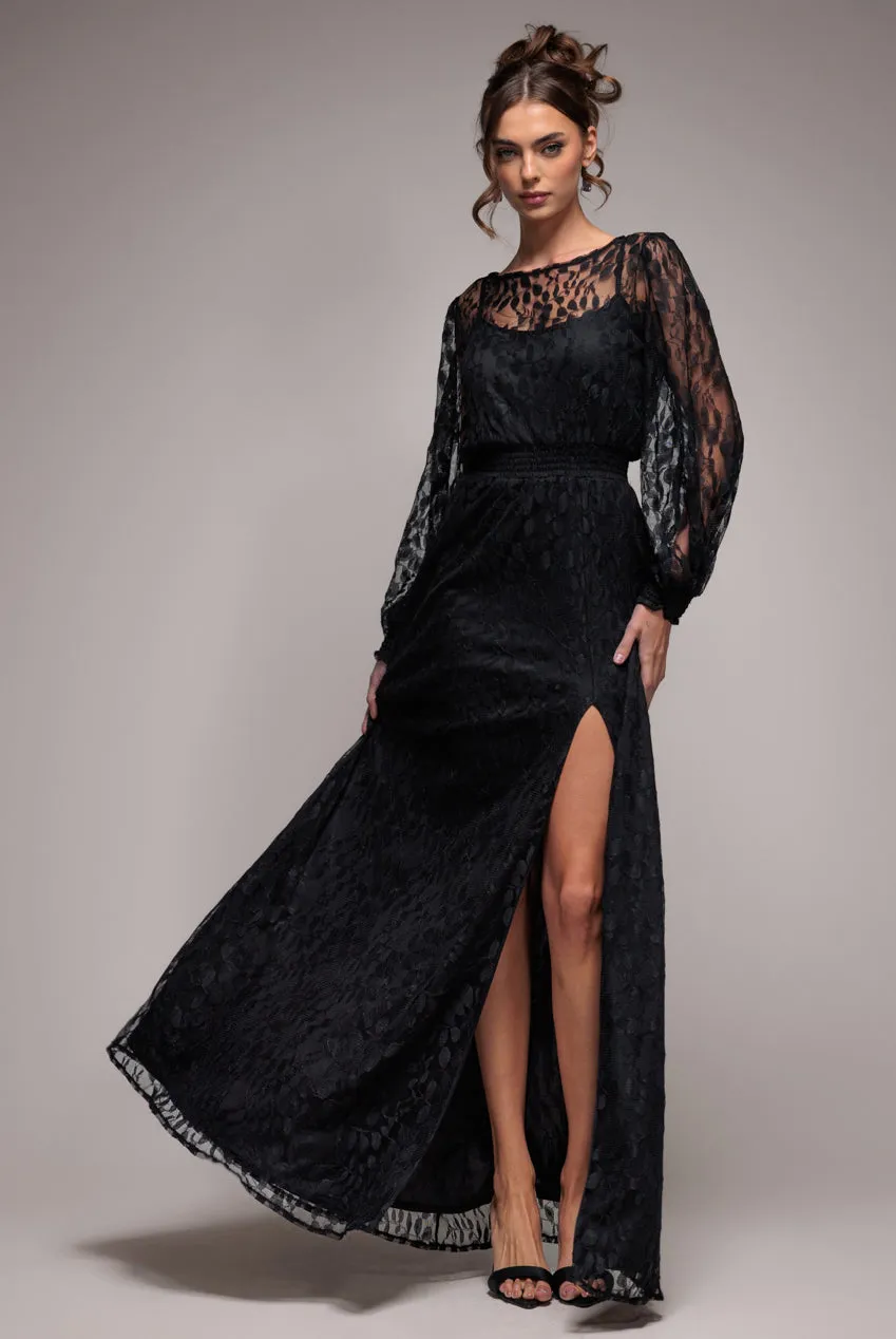 Lace Long Sleeve Shirred Waist Maxi Dress - Black by Goddiva sold by Goddiva product image thumbnail 3