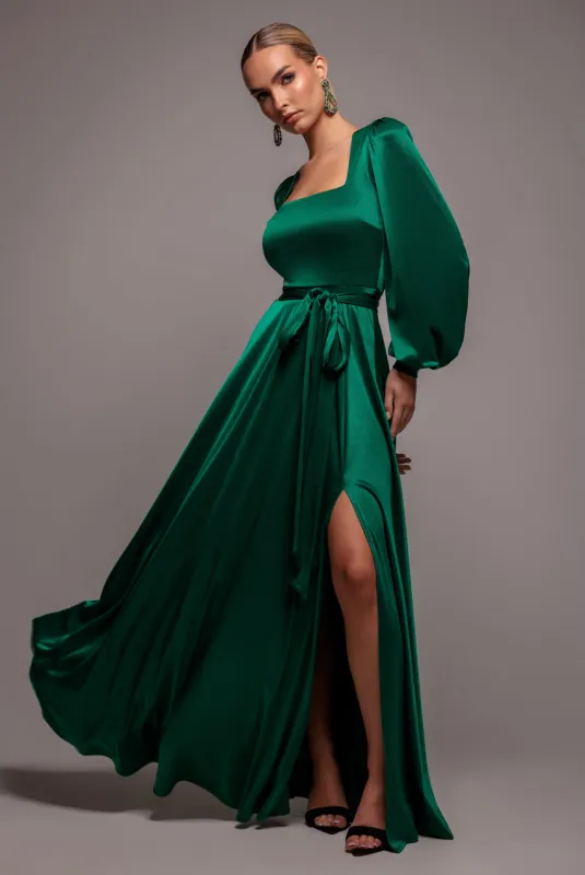 Satin Square Neck Bishop Sleeve A Line Maxi Dress - Emerald Green by Goddiva sold by Goddiva