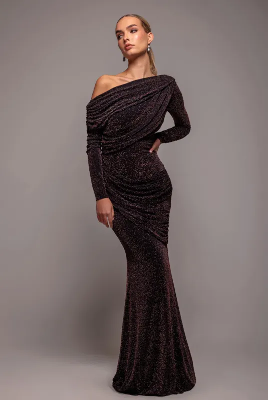 Off The Shoulder Gathered Panel Sparkle Lurex Maxi Dress - Black Rose by Goddiva sold by Goddiva