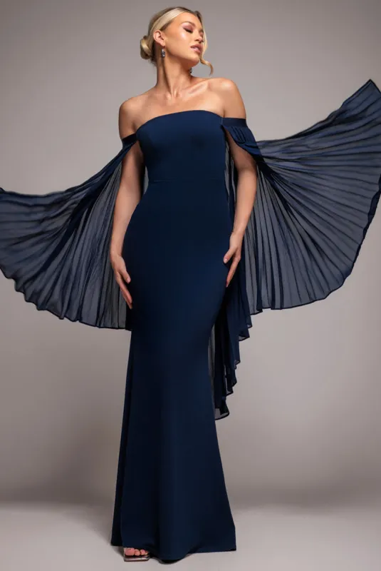 Strapless Maxi Dress With Pleated Chiffon Cape - Navy Blue by Goddiva sold by Goddiva