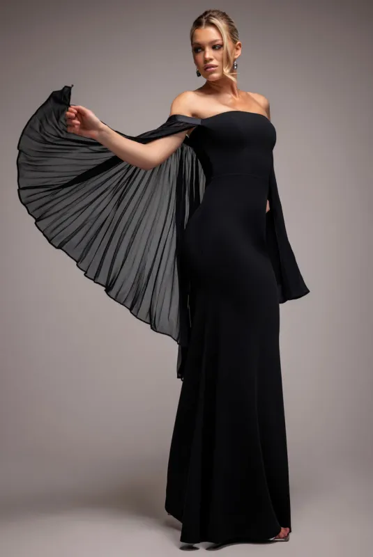Strapless Maxi Dress With Pleated Chiffon Cape - Black by Goddiva sold by Goddiva