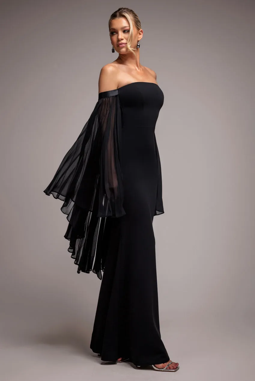 Strapless Maxi Dress With Pleated Chiffon Cape - Black by Goddiva sold by Goddiva product image thumbnail 3