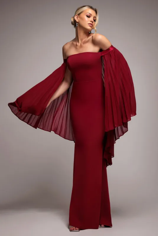 Strapless Maxi Dress With Pleated Chiffon Cape - Burgundy by Goddiva sold by Goddiva