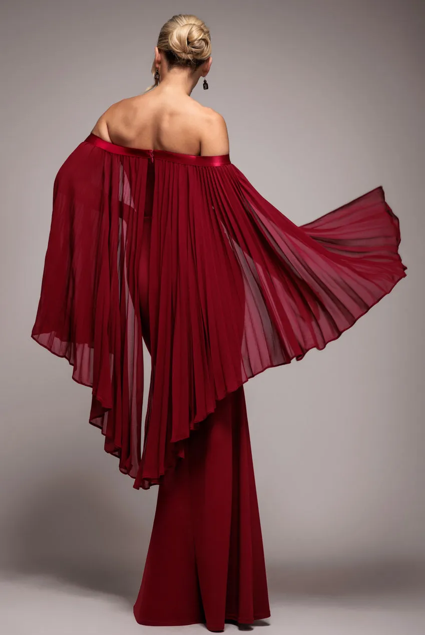 Strapless Maxi Dress With Pleated Chiffon Cape - Burgundy by Goddiva sold by Goddiva product image thumbnail 2