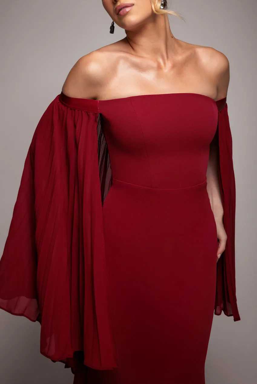 Strapless Maxi Dress With Pleated Chiffon Cape - Burgundy by Goddiva sold by Goddiva product image thumbnail 3