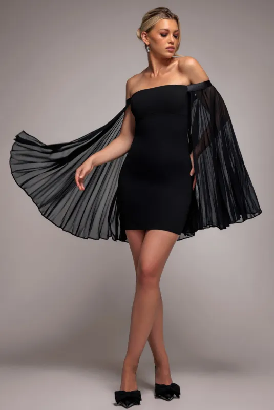 Strapless Mini Dress With Pleated Chiffon Cape - Black by Goddiva sold by Goddiva
