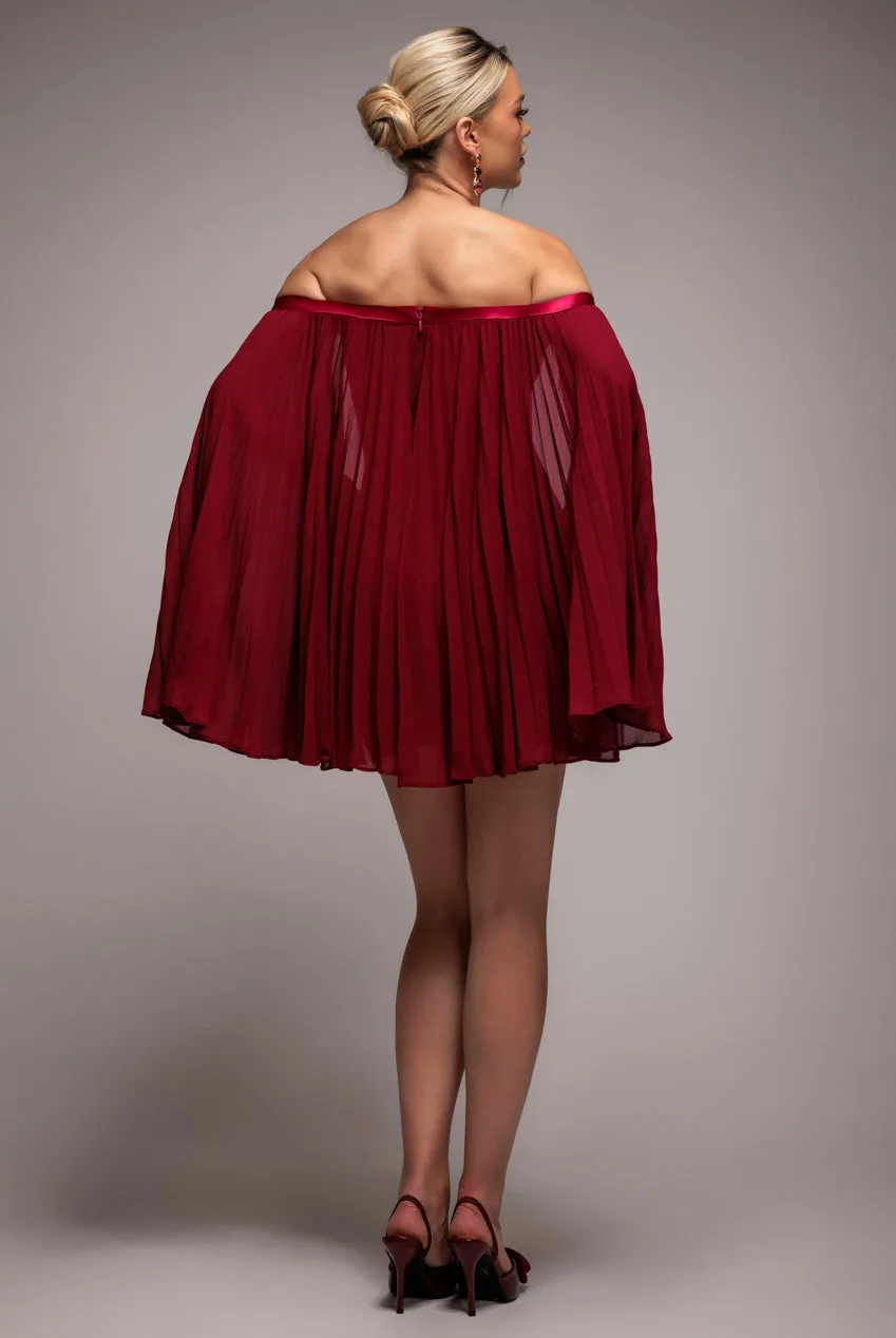 Strapless Mini Dress With Pleated Chiffon Cape - Burgundy by Goddiva sold by Goddiva product image thumbnail 3