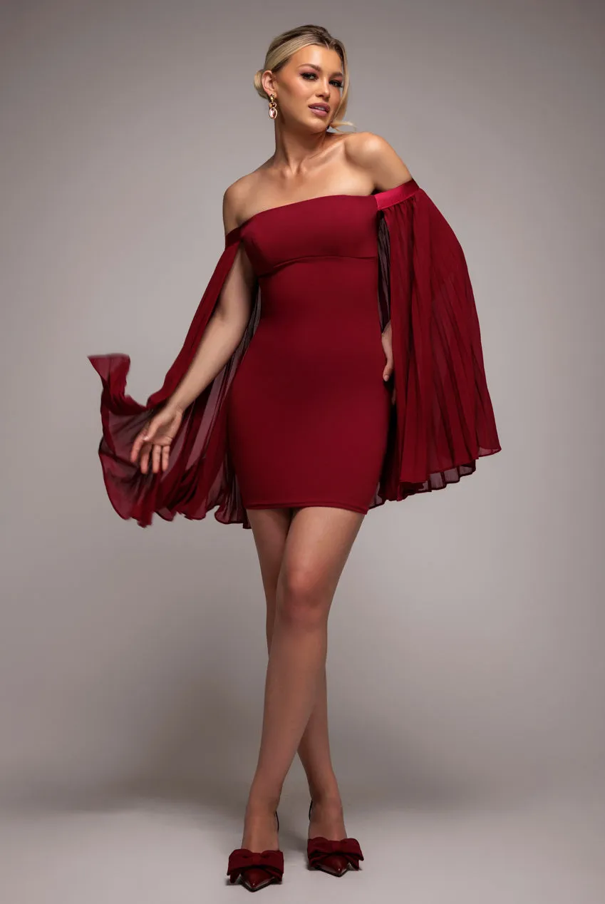 Strapless Mini Dress With Pleated Chiffon Cape - Burgundy by Goddiva sold by Goddiva product image thumbnail 4