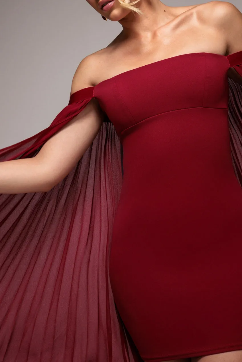 Strapless Mini Dress With Pleated Chiffon Cape - Burgundy by Goddiva sold by Goddiva product image thumbnail 5