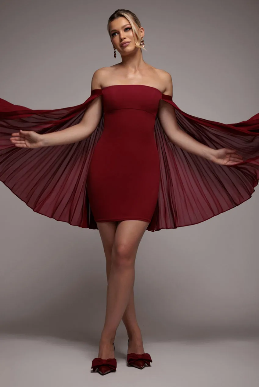 Strapless Mini Dress With Pleated Chiffon Cape - Burgundy by Goddiva sold by Goddiva product image thumbnail 2
