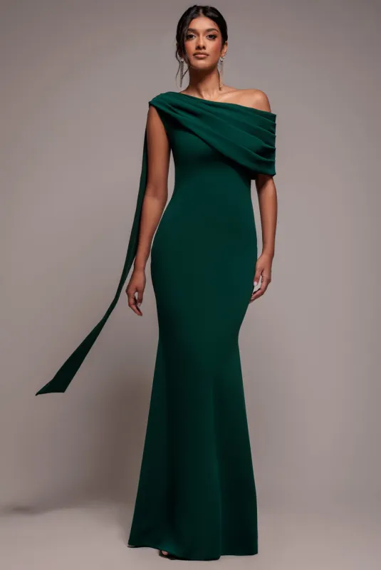 Sash One Shoulder Bardot Maxi Dress - Emerald Green by Goddiva sold by Goddiva