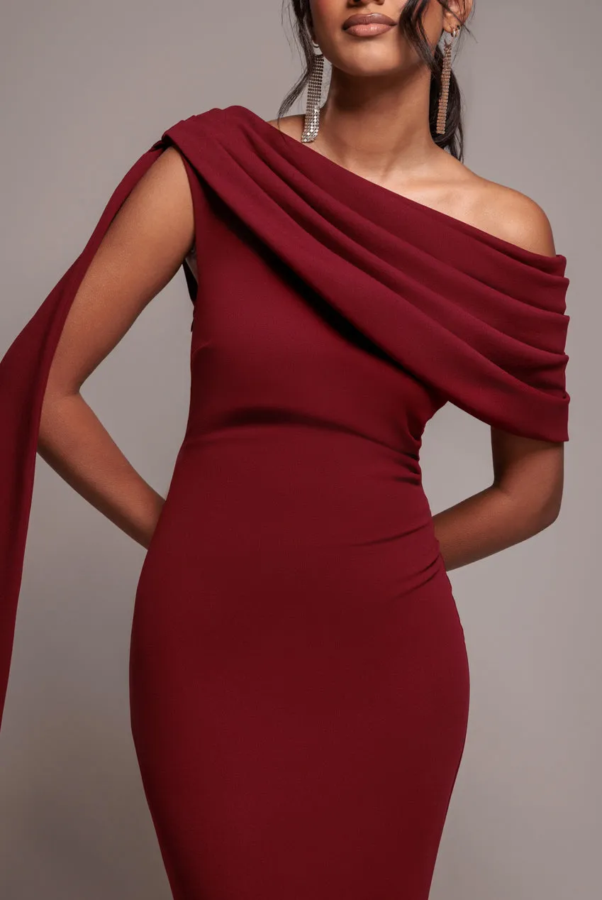 Sash One Shoulder Bardot Maxi Dress - Wine by Goddiva sold by Goddiva product image thumbnail 3