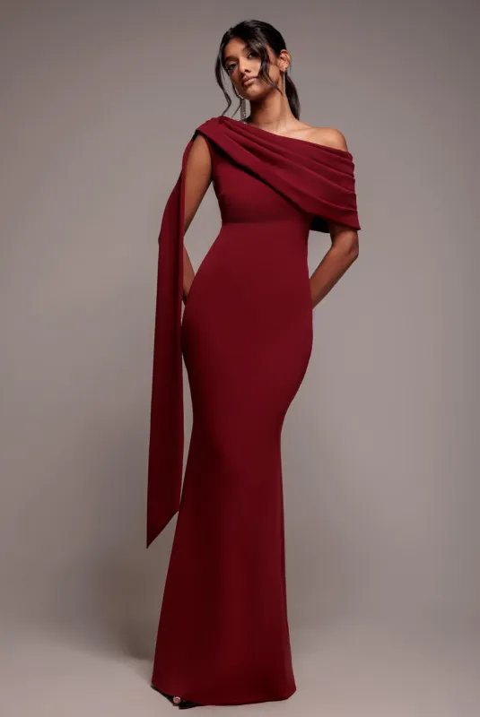 Sash One Shoulder Bardot Maxi Dress - Wine by Goddiva sold by Goddiva