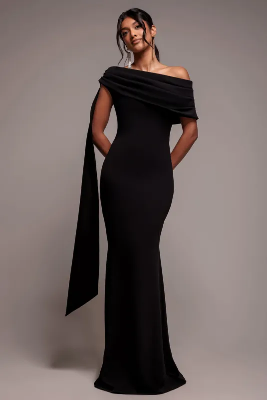 Sash One Shoulder Bardot Maxi Dress - Black by Goddiva sold by Goddiva