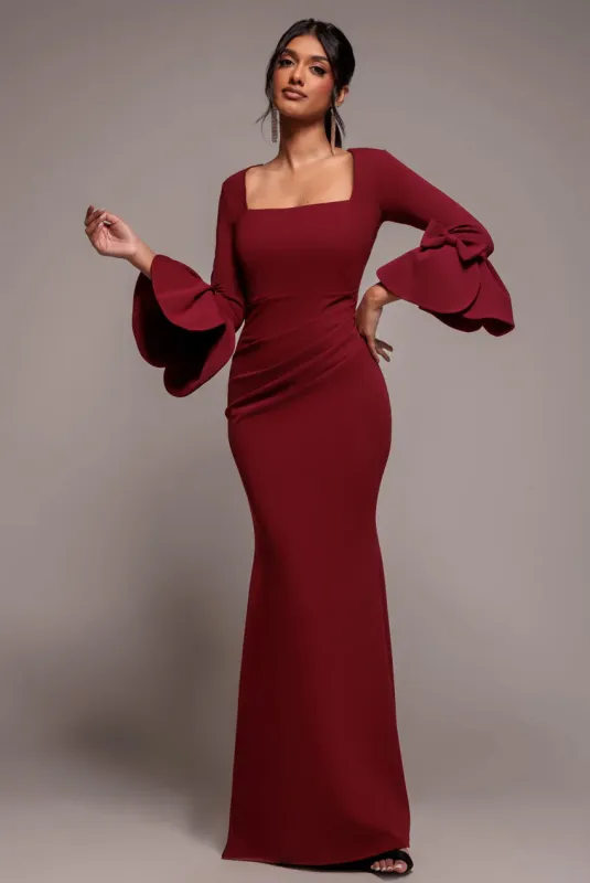 Petal Bow Sleeve Frill Maxi Dress - Wine by Goddiva sold by Goddiva