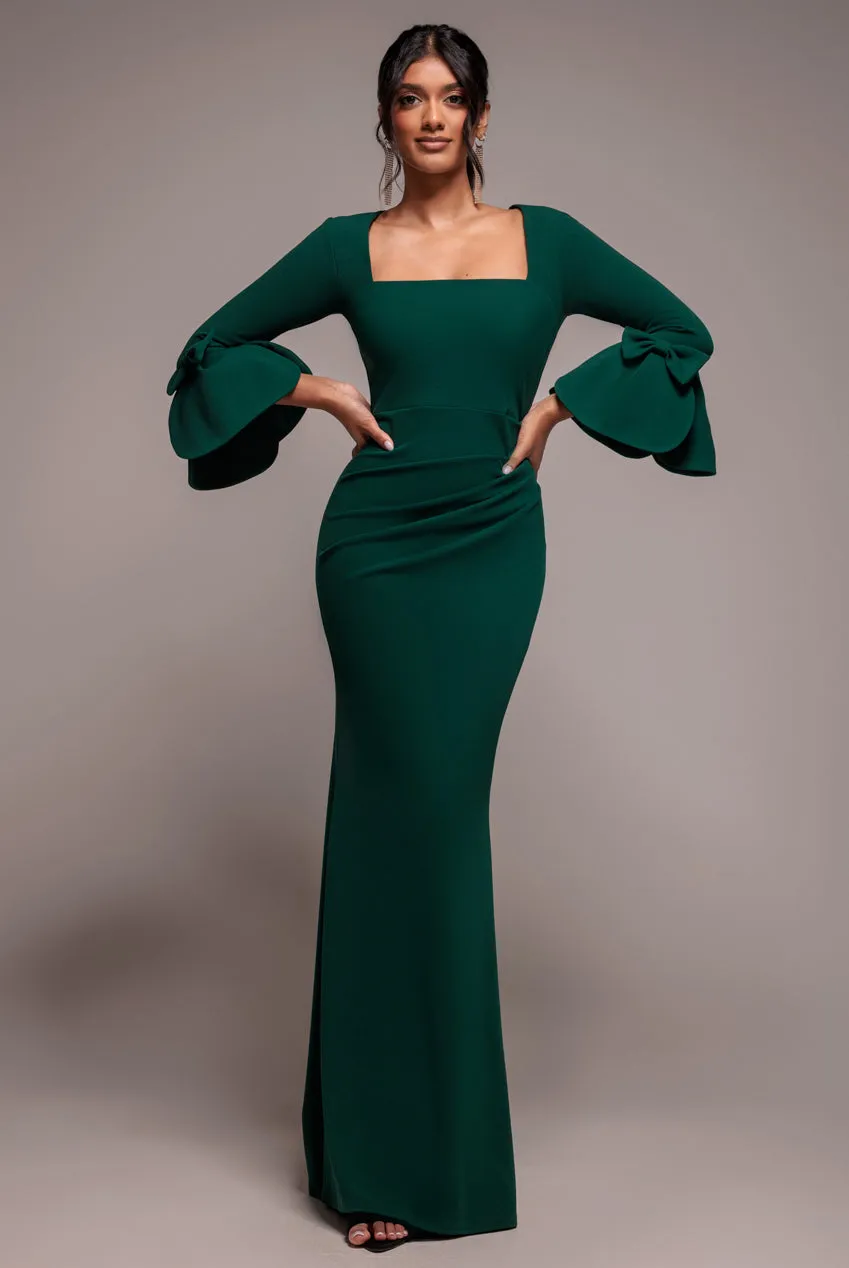 Petal Bow Sleeve Frill Maxi Dress - Emerald Green by Goddiva sold by Goddiva