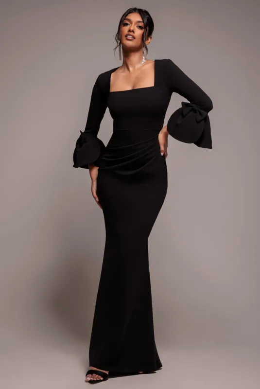 Petal Bow Sleeve Frill Maxi Dress - Black by Goddiva sold by Goddiva
