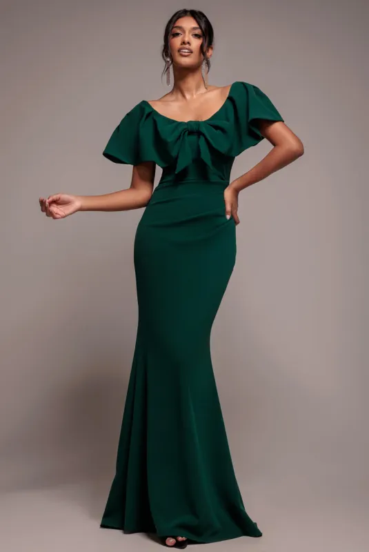 Cape Sleeve Detail Front Tie Maxi Dress - Emerald Green by Goddiva sold by Goddiva