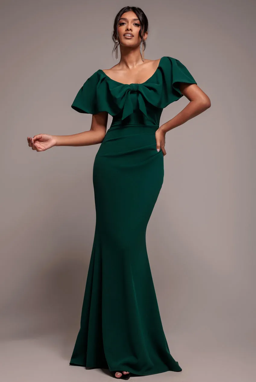 Cape Sleeve Detail Front Tie Maxi Dress - Emerald Green by Goddiva sold by Goddiva
