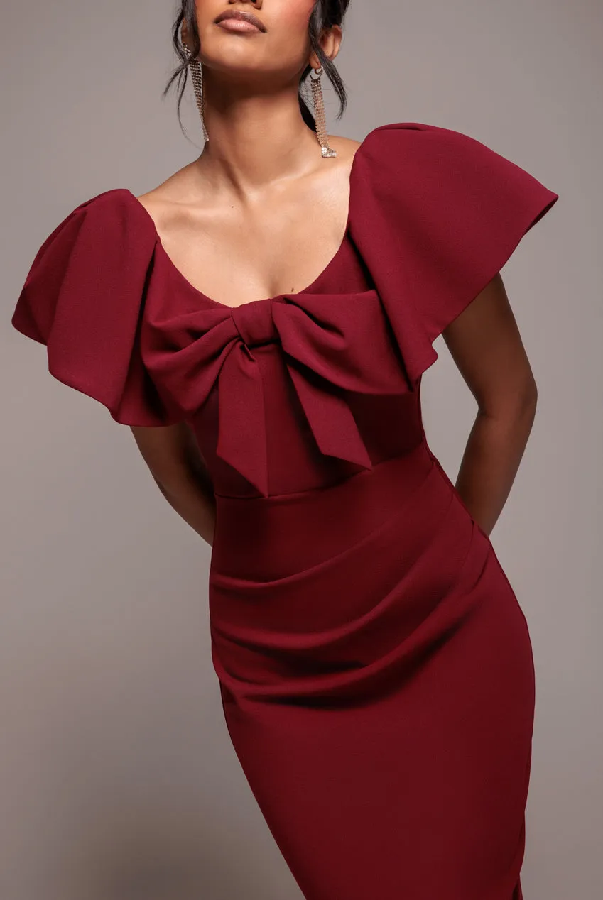 Cape Sleeve Detail Front Tie Maxi Dress - Wine by Goddiva sold by Goddiva product image thumbnail 3